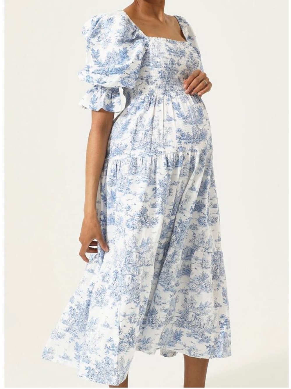 Nothing Fits But Kiko Midi Dress Smocked White Blue Toile Petite / Extra Small